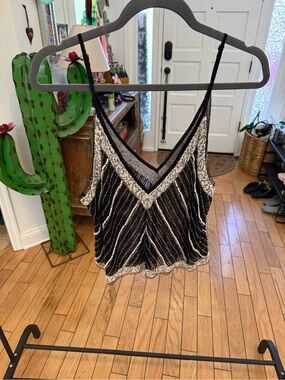 Anthro Black and Silver beaded V-Neck Women’s Tank Top